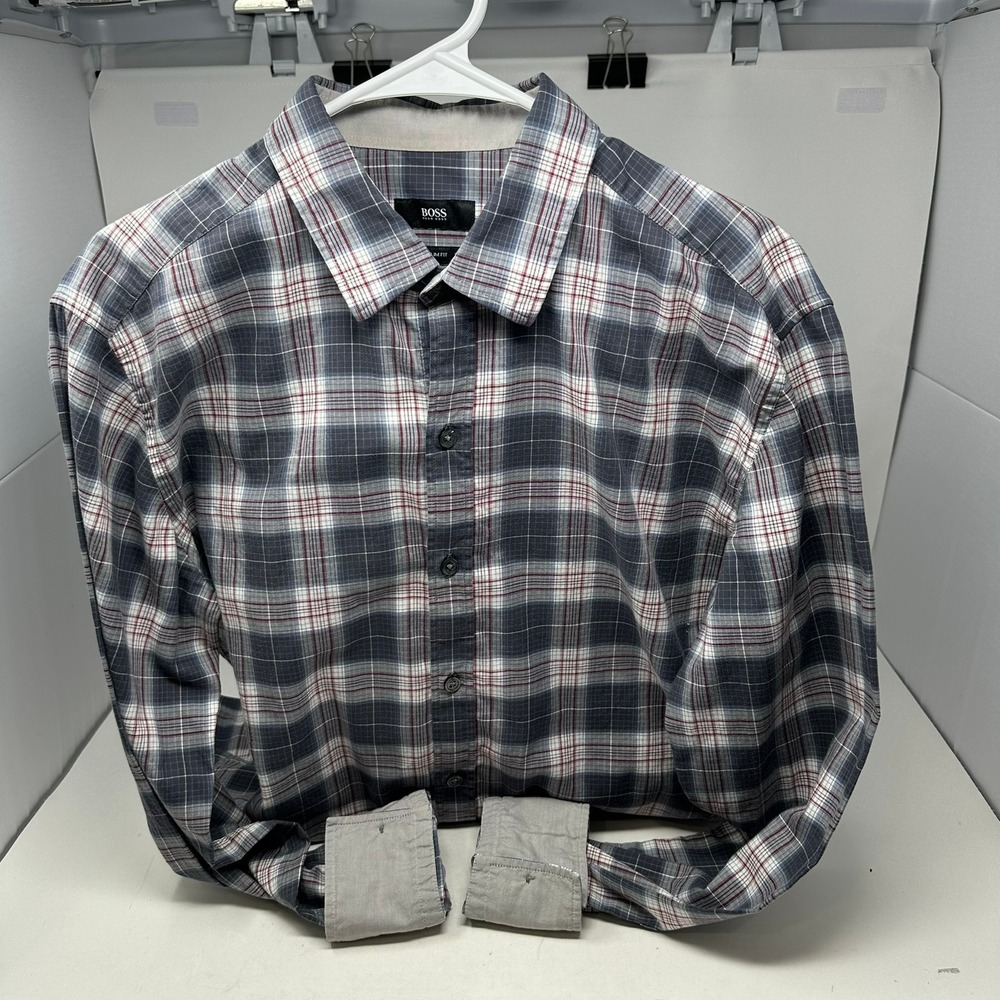 BOSS Hugo Boss Shirt Men L Blue Plaid Slim Fit Long Sleeve Button Up Casual